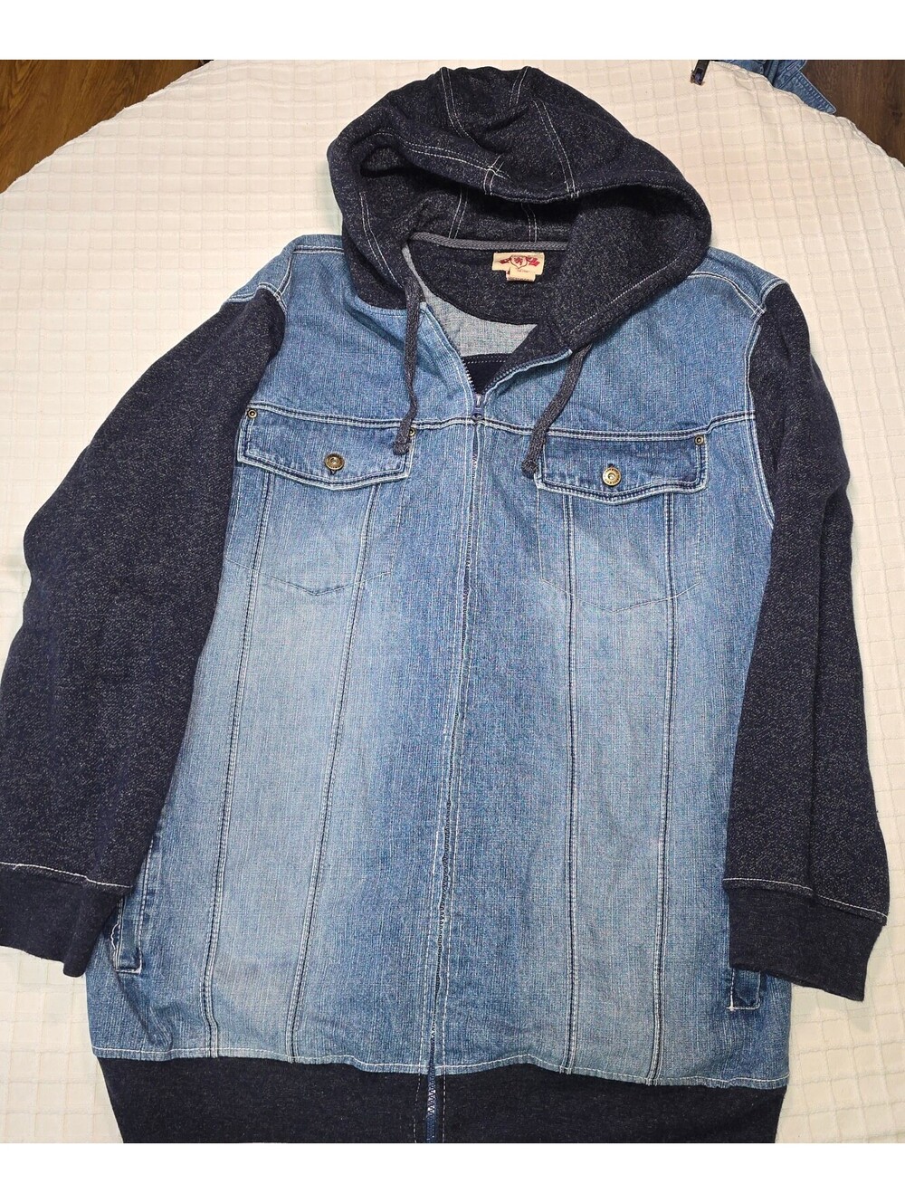 Vintage 90s PJ Mark Hybrid Acid Washed Denim Knit Hoodie Jacket XL Urban Hip Hop